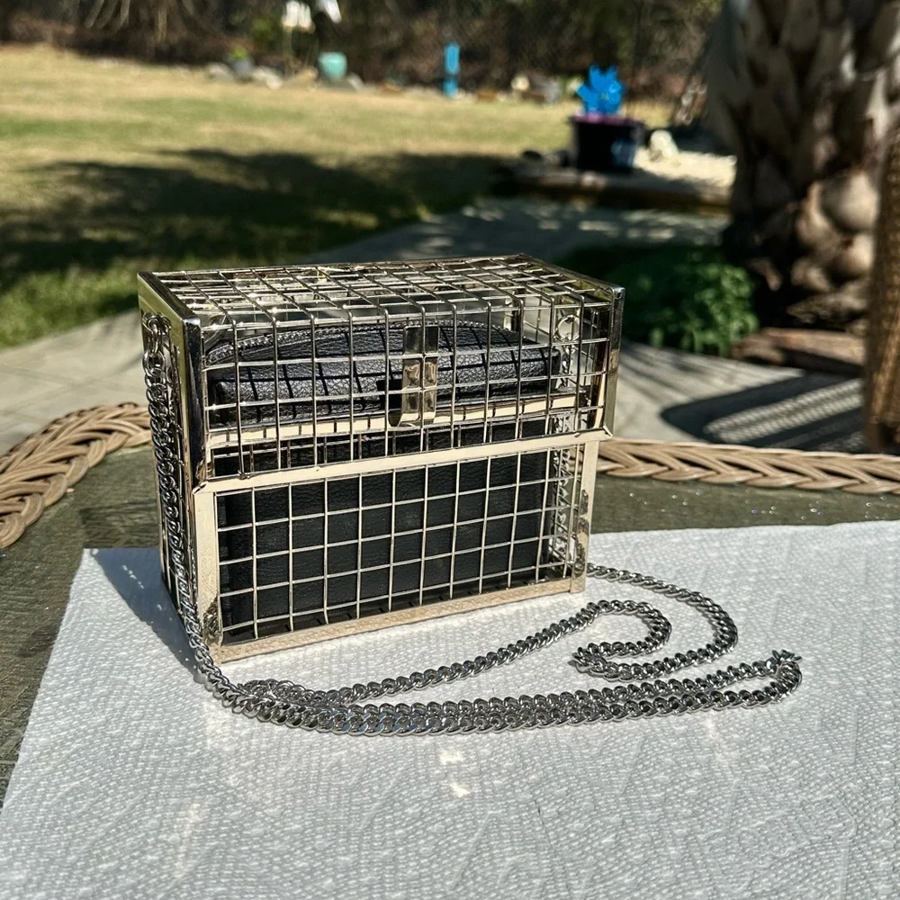 Silver and Black Cage Clutch with Chain - Picture 11 of 11